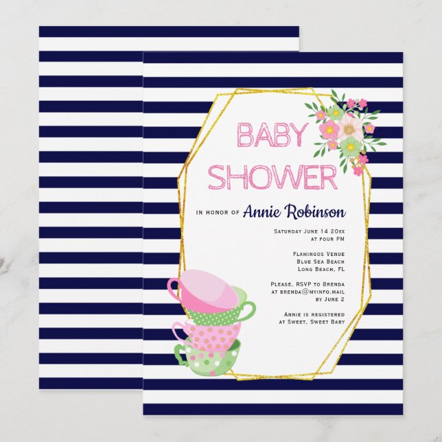 Invitation Polygone or, teacups bleu marine baby shower flora (Devant / Derrière)