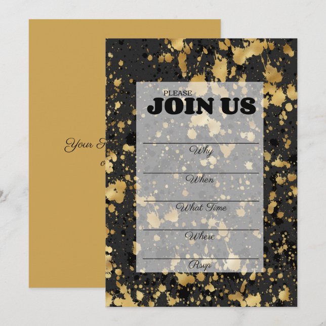Invitation polyvalente à remplir en noir et or (Devant / Derrière)