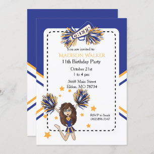 Invitation Pom-pom girl fête d'anniversaire en bleu et or