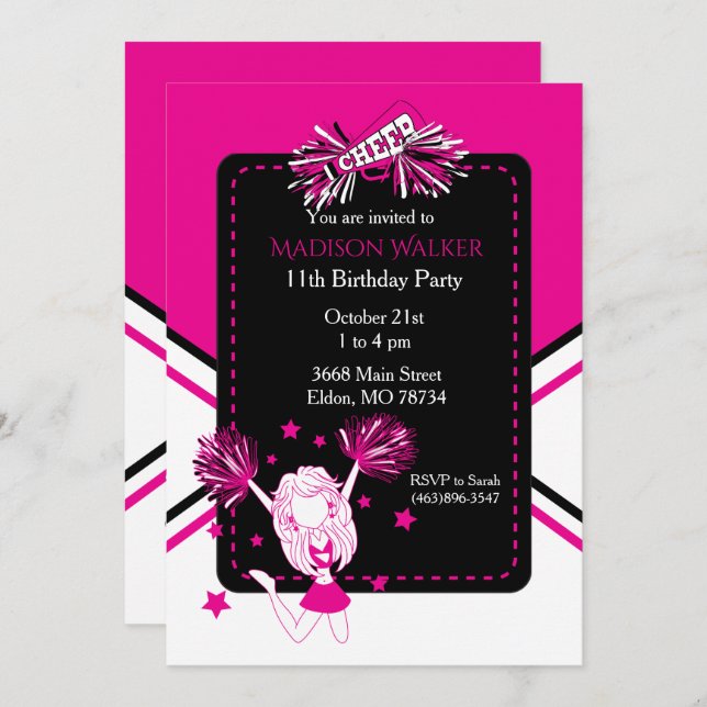 Invitation Pom-pom girl fête d'anniversaire en rose chaud (Devant / Derrière)