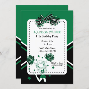 Invitation Pom-pom girl fête d'anniversaire en vert