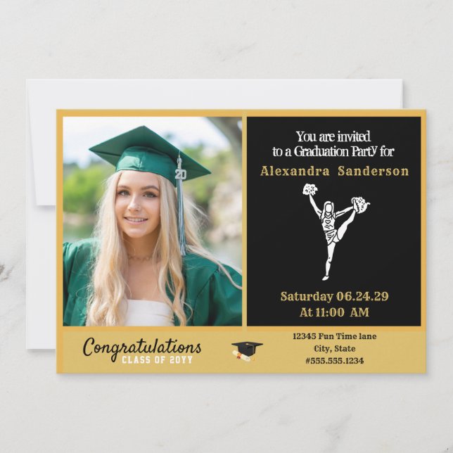 Invitation Pom-pom girl graduation Noir et or (Devant)