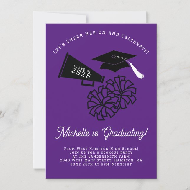 Invitation Pom-pom girl Graduation Party violet noir (Devant)