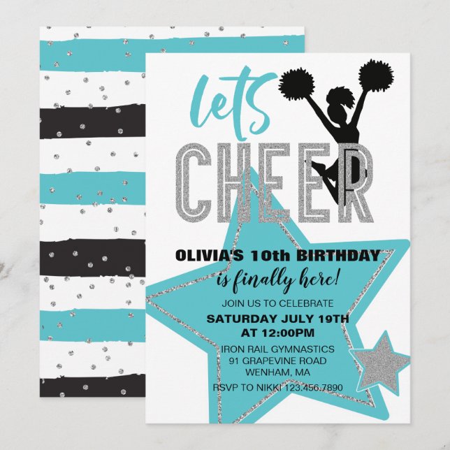 Invitation Pom-pom turquoise Argent Noir Anniversaire de pom- (Devant / Derrière)