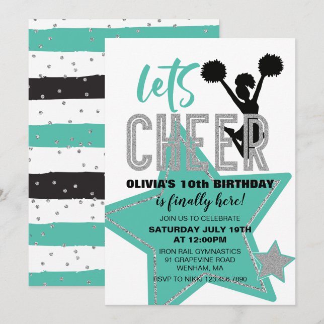 Invitation Pom-pom turquoise Argent Noir Anniversaire de pom- (Devant / Derrière)