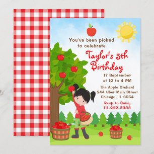 Invitation Pomme cueillir Anniversaire Black Hair Girl Invita