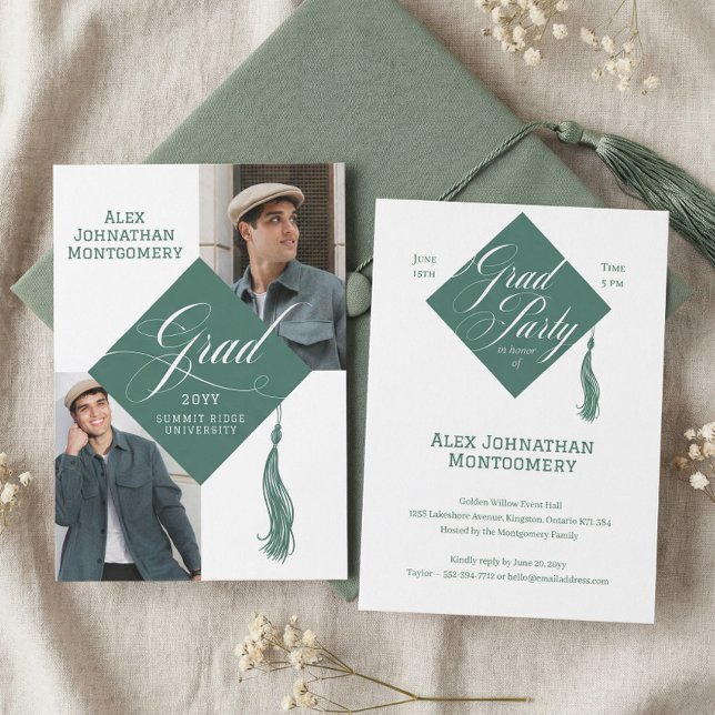 Invitation Pomme de chapeau de diplômé d'écriture élégante Ph (Elegant Script Grad Cap Tassel Graduation Photo Invitation)