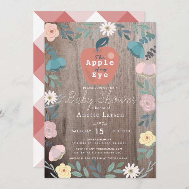 Invitation Pomme de mon oeil Floral Bois Baby shower rustique (Devant / Derrière)