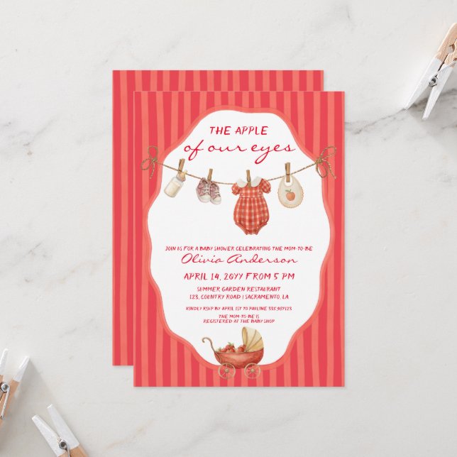 Invitation Pomme de nos yeux Baby Shower rayé (Devant/Arrière en situation)