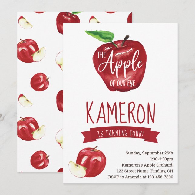 Invitation Pomme de nos yeux, fête d'anniversaire n'importe q (Devant / Derrière)