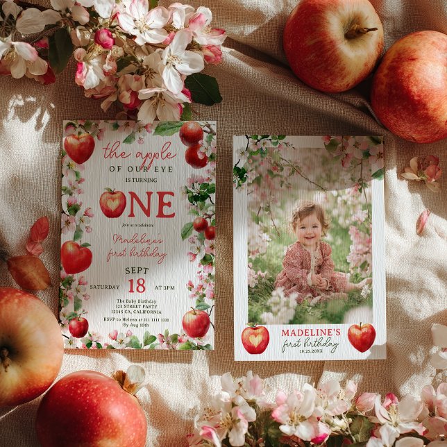 Invitation Pomme de nos yeux Floral Automne photo Premier ann (Apple of Our Eye Floral Fall Photo First Birthday Invitation)