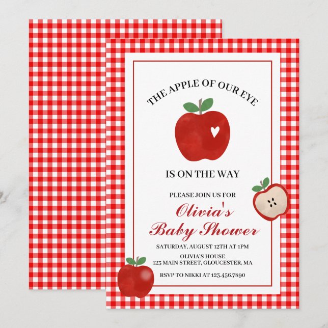 Invitation Pomme de nos yeux gingham rouge Baby Shower (Devant / Derrière)