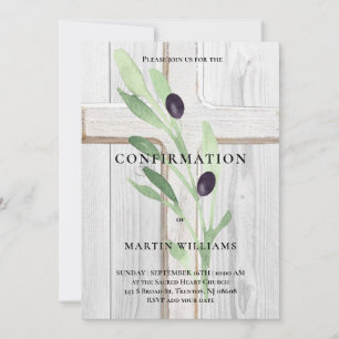 Invitation Pomme d'olive bois blanc Confirmation croix