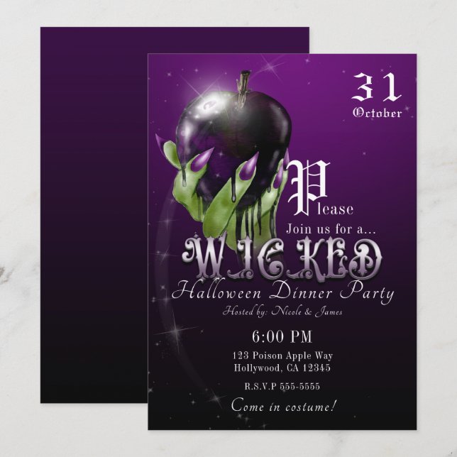 Invitation Pomme empoisonnée Sorcière méchante Violette Fête  (Devant / Derrière)