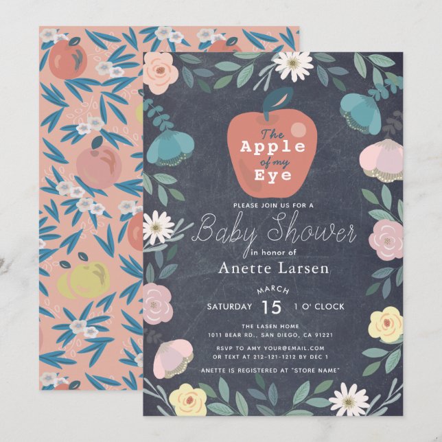 Invitation Pomme noir tableau noir Baby shower rose floral (Devant / Derrière)