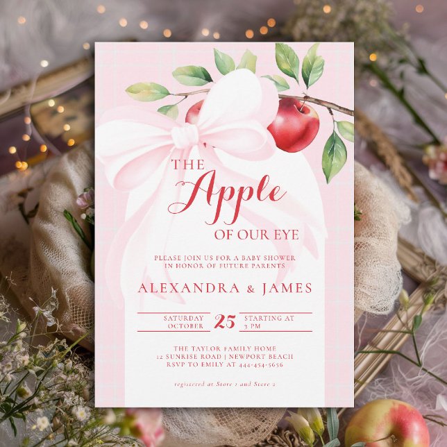 Invitation Pomme Récolte Bow rose Chic Coed Automne Fille Dou (fall baby shower invitation apple of our eye girl pink bow boho arch watercolor rustic elegant girly)