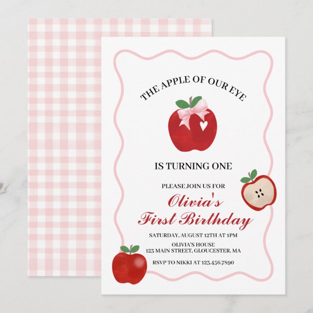 Invitation Pomme Ruban Rose Coquette 1er anniversaire (Devant / Derrière)