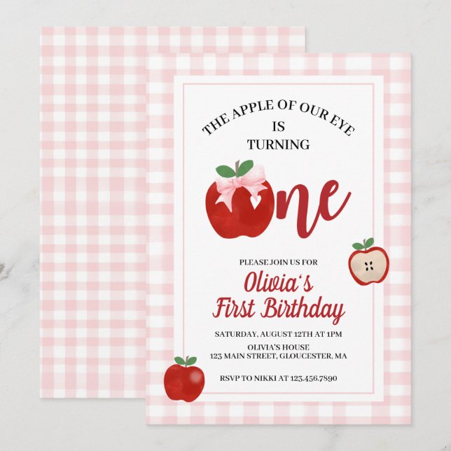 Invitation Pomme Ruban Rose Coquette 1er anniversaire (Devant / Derrière)