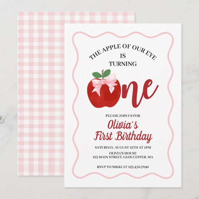 Invitation Pomme Ruban Rose Coquette 1er anniversaire (Devant / Derrière)