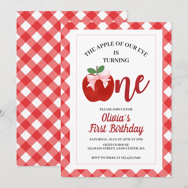 Invitation Pomme Ruban Rose Coquette 1er anniversaire (Devant / Derrière)