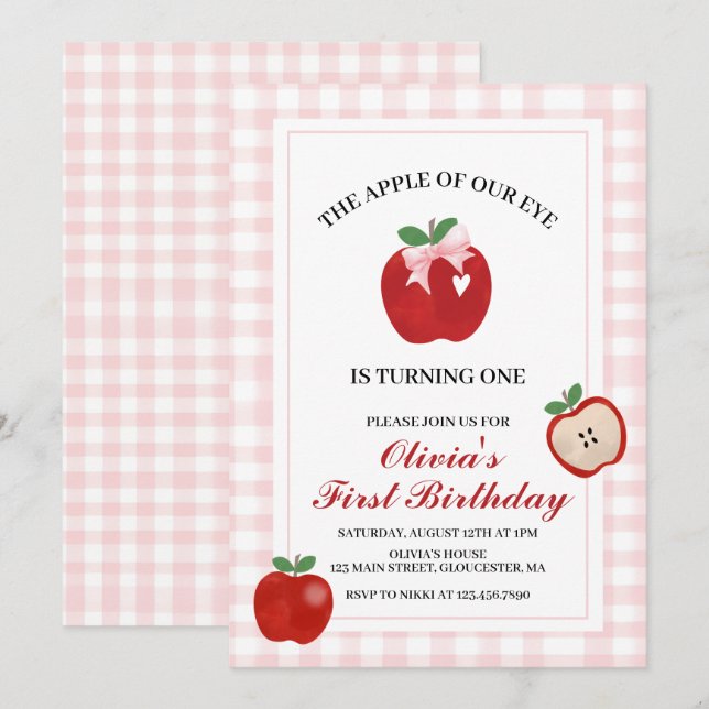 Invitation Pomme Ruban Rose Coquette 1er anniversaire (Devant / Derrière)