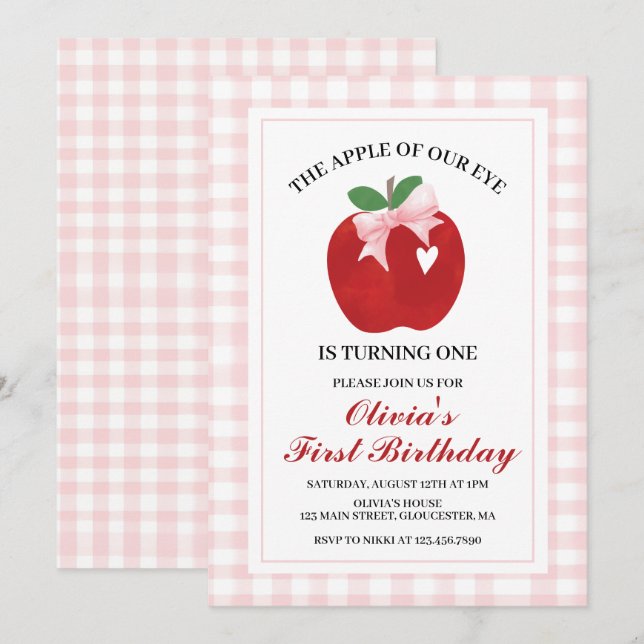 Invitation Pomme Ruban Rose Coquette 1er anniversaire (Devant / Derrière)
