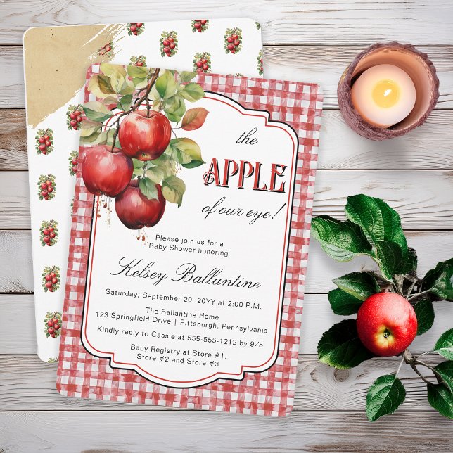 Invitation Pomme rustique de notre Baby shower oculaire ("The Apple of Our Eye!"  Country Rustic Apple Theme Torn Brown Paper Red White Gingham Checks Invite)