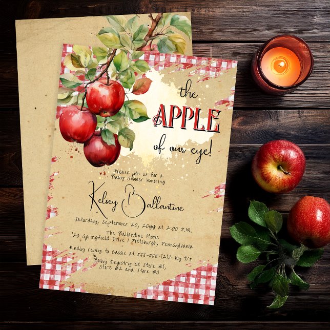 Invitation Pomme rustique de notre Baby shower oculaire ("The Apple of Our Eye!"  Country Rustic Apple Theme Torn Brown Paper Red White Gingham Checks Invite)