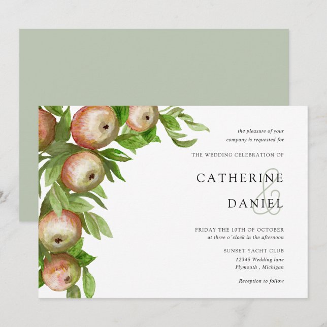 Invitation Pommes aquarelles avec mariage horizontal feuille (Devant / Derrière)