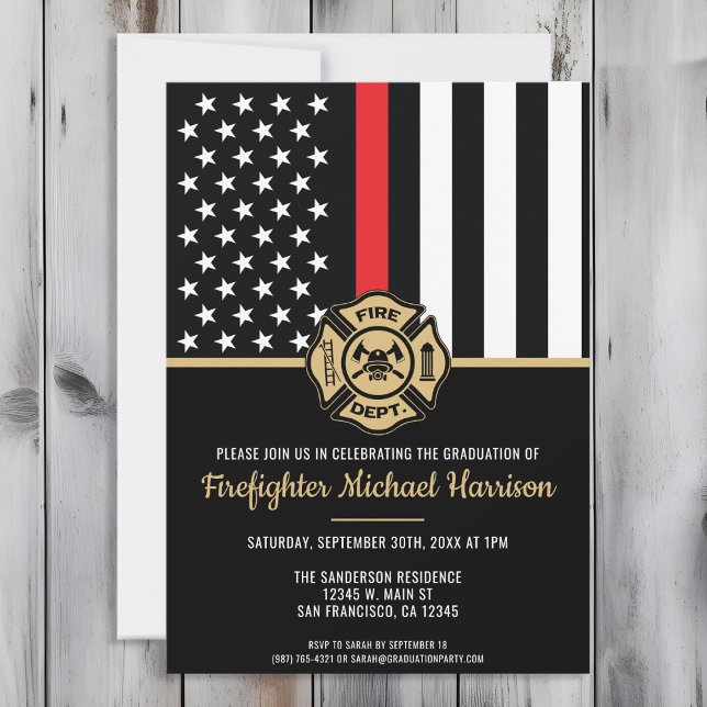 Invitation Pompier Académie Diplôme Rouge Drapeau Flamme (Perfect invitation to invite guests to celebrate the new fire academy graduate in fire fighting!)