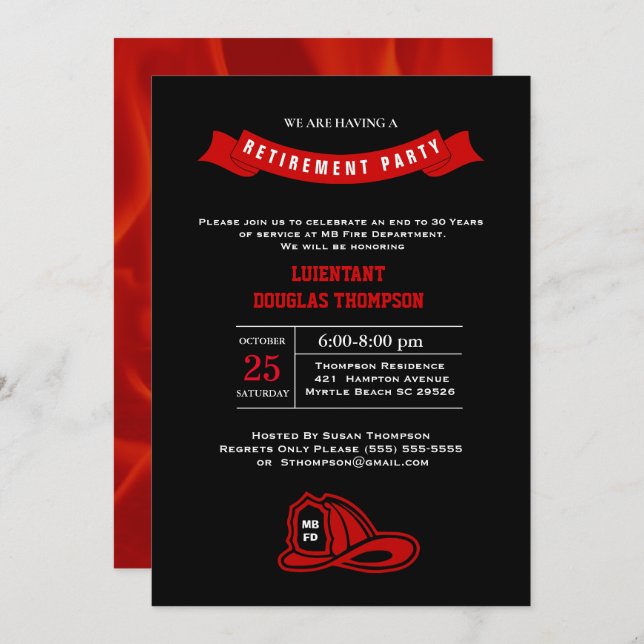 Invitation Pompier Chalkboard Flamme Partie de retrait (Devant / Derrière)
