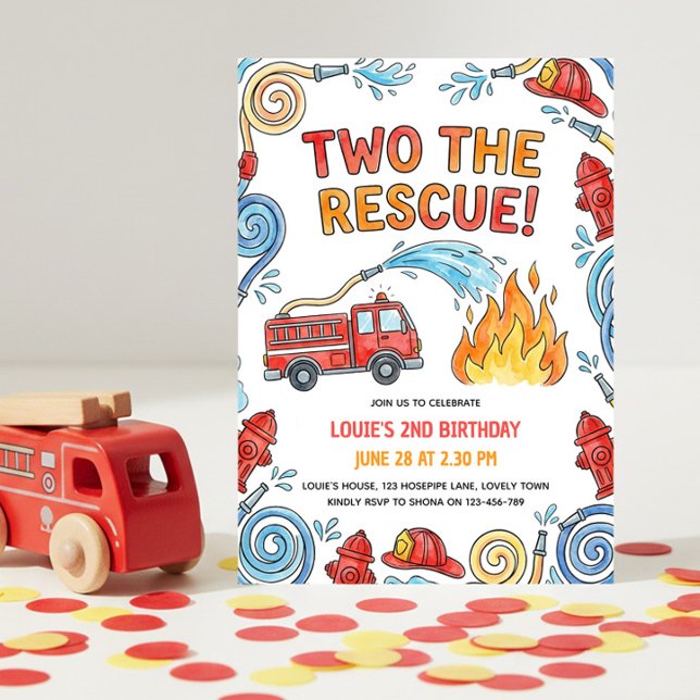 Invitation Pompier Deux Le Sauvetage 2e Anniversaire (Two the Rescue - 2nd Birthday Invitation for your little fire fighter's party)