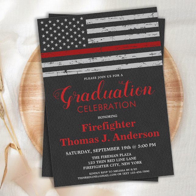 Invitation Pompier Diplômé Mince Red Line Flag Fireman (Créateur téléchargé)