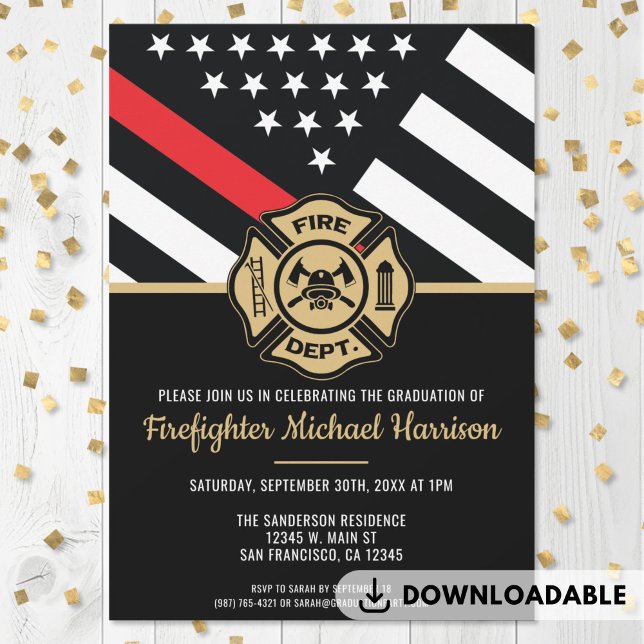 Invitation Pompier Fire Academy Fête de graduation de pompier (Firefighter Graduation Red Line Flag Fireman Invitations)