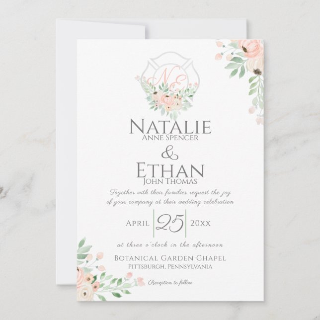 Invitation Pompier Floral Monogram Blush (Devant)