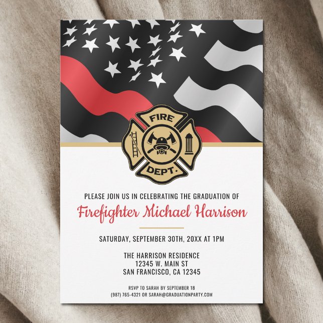 Invitation Pompier pompier Fête d'enseignement (Fireman Firefighter Fire Academy Graduation Party Invitation)