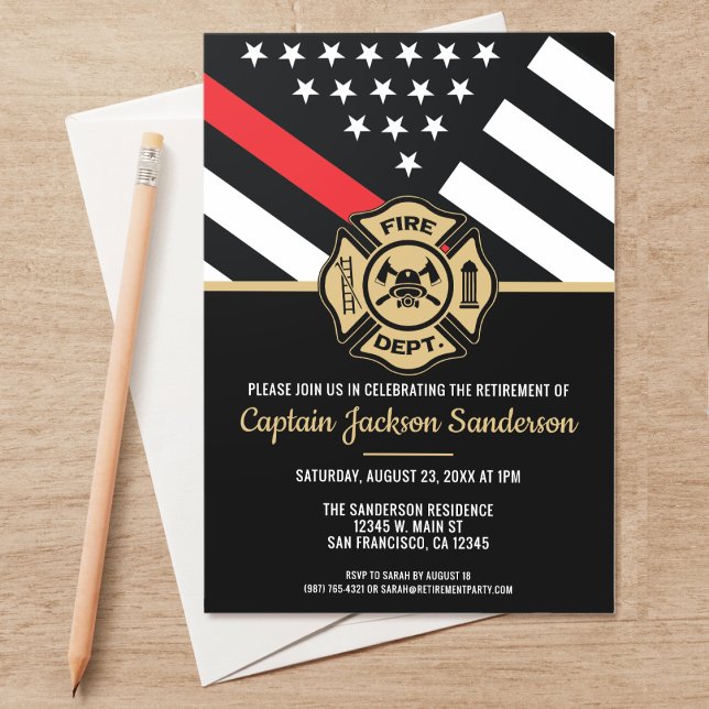Invitation Pompier Retraite Ligne Rouge Flag Flaman (A perfect invitation for a retiring firefighter, captain, lieutenant, chief, etc! )