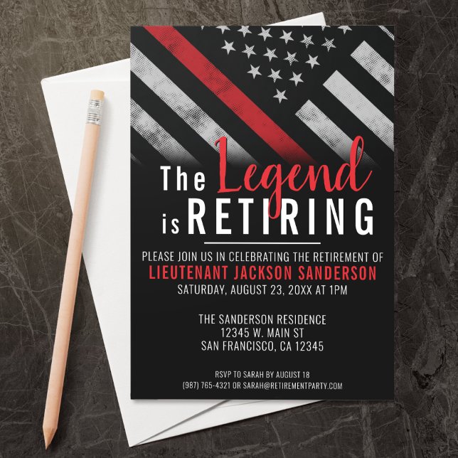 Invitation Pompier Retraite Ligne Rouge Flag Flaman (Perfect for a retirement party for retiring firefighters, lieutenants, captains, etc!)