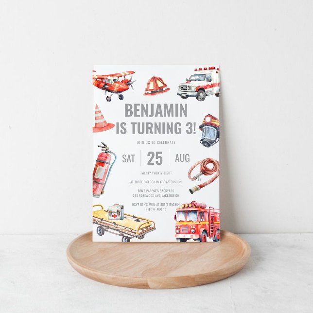 Invitation Pompier Secourir des garçons à thème 3e fête d'ann (Firefighter Rescue Themed Boys 3rd Birthday Party Invitation)
