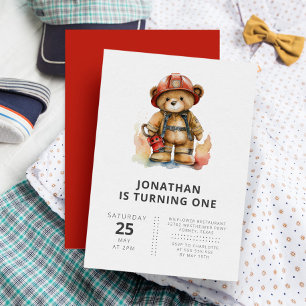 Invitation Pompier Teddy Bear Moderne Simple Anniversaire de