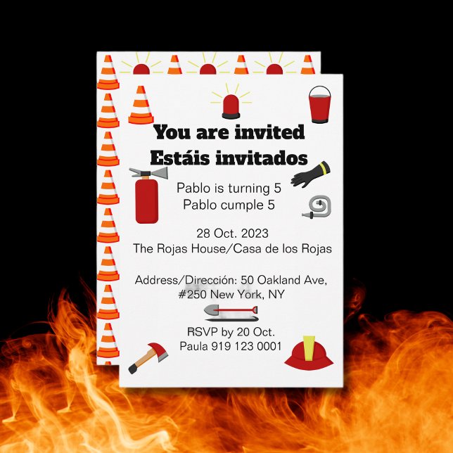 Invitation Pompier Thème Bilingue Anniversaire Fête des Garço (Bilingual Firefighters Birthday party invitation for boys. Multilingual Project.)