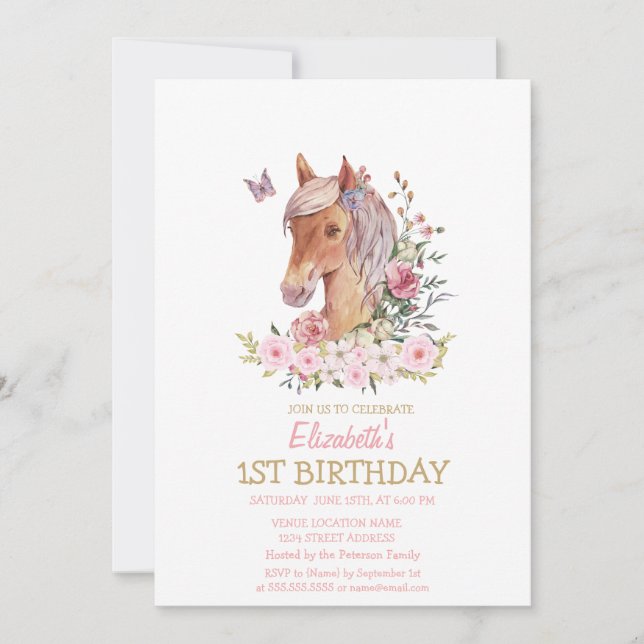 Invitation Poney aquarelle fleurs rayures Anniversaire (Devant)
