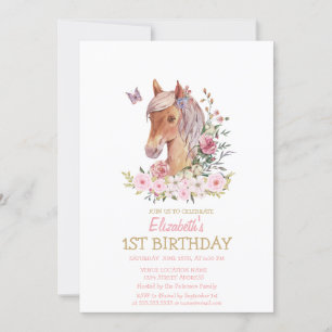 Invitation Poney aquarelle fleurs rayures Anniversaire