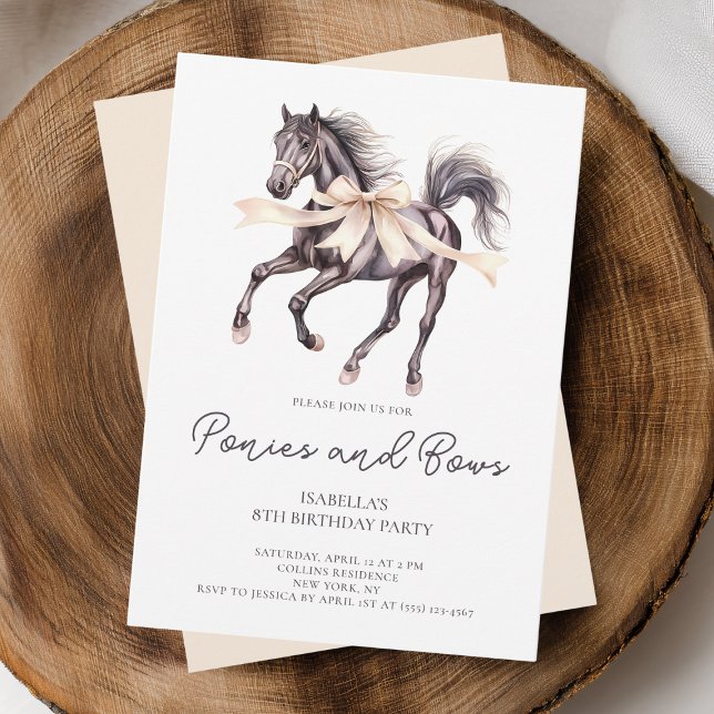 Invitation Poneys et Rubans Fête d'anniversaire du Cheval Noi (Ponies and Bows Black Horse 8th Birthday Party Invitation)