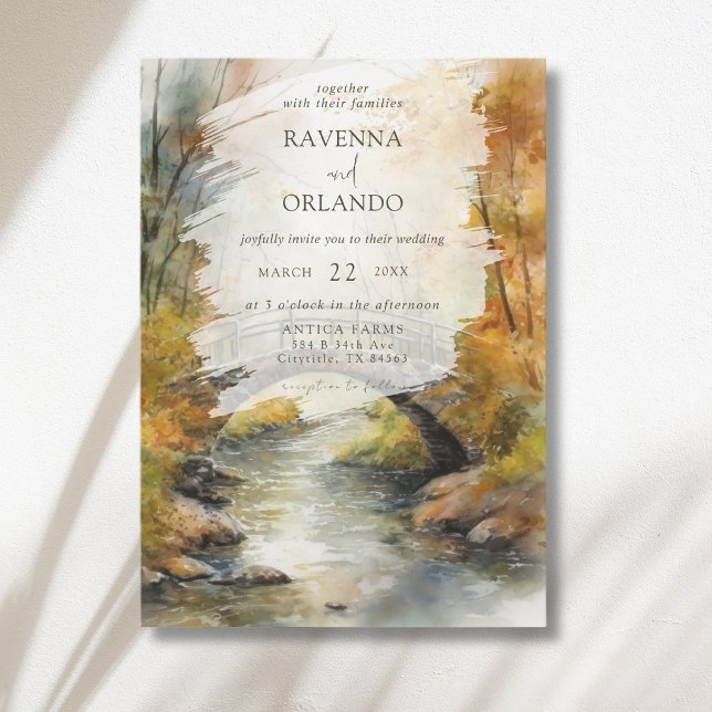 Invitation Pont de pierre rivière feuilles automne mariage (Créateur téléchargé)