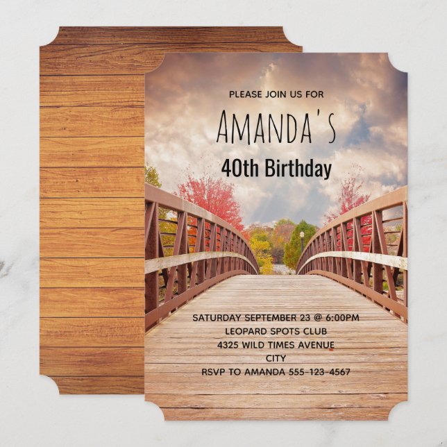 Invitation Pont rustique en bois dans le pays Anniversaire (Devant / Derrière)