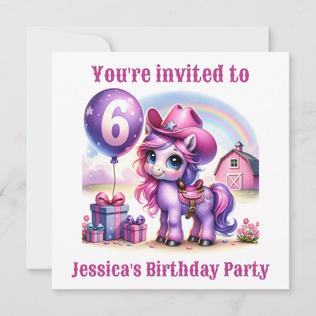 Invitation Pony de la petite fille 6 ans Anniversaire (Devant)