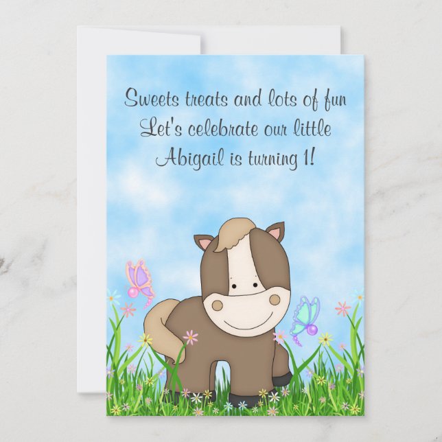 Invitation Pony et papillons Horse 1er Anniversaire Invitatio (Devant)