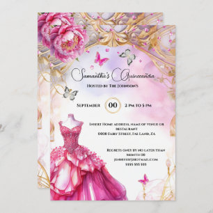 Invitation Pony quinceañera rose fleurs de lune élégante