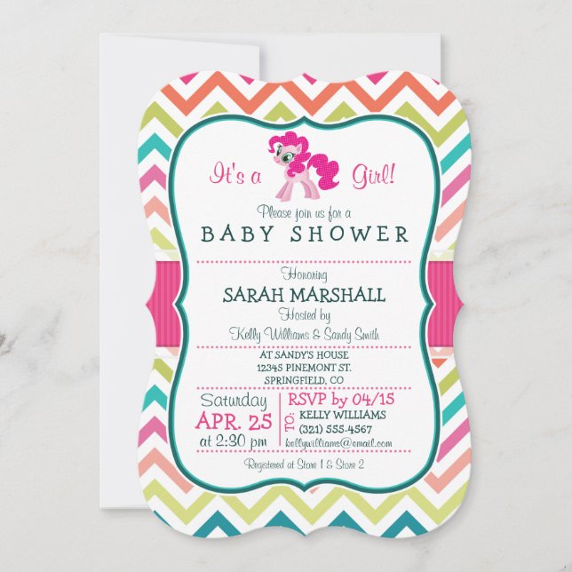Invitation Pony rose ; Baby shower Chevron coloré (Devant)